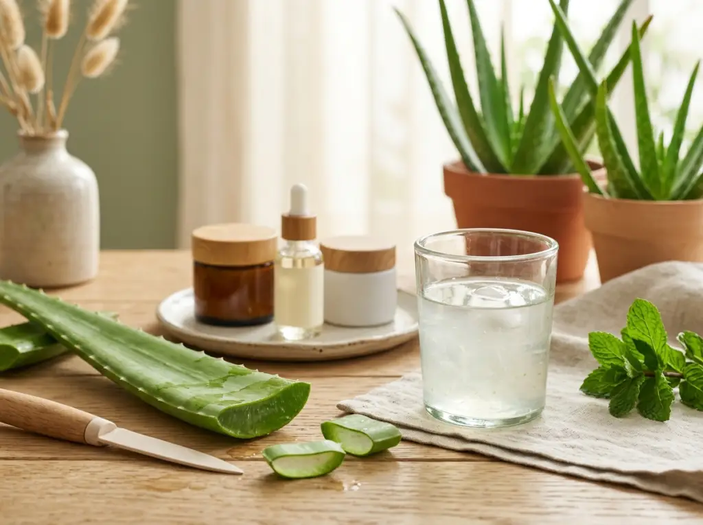 Produkty z Aloe Vera ustawione obok zielonych liści aloesu